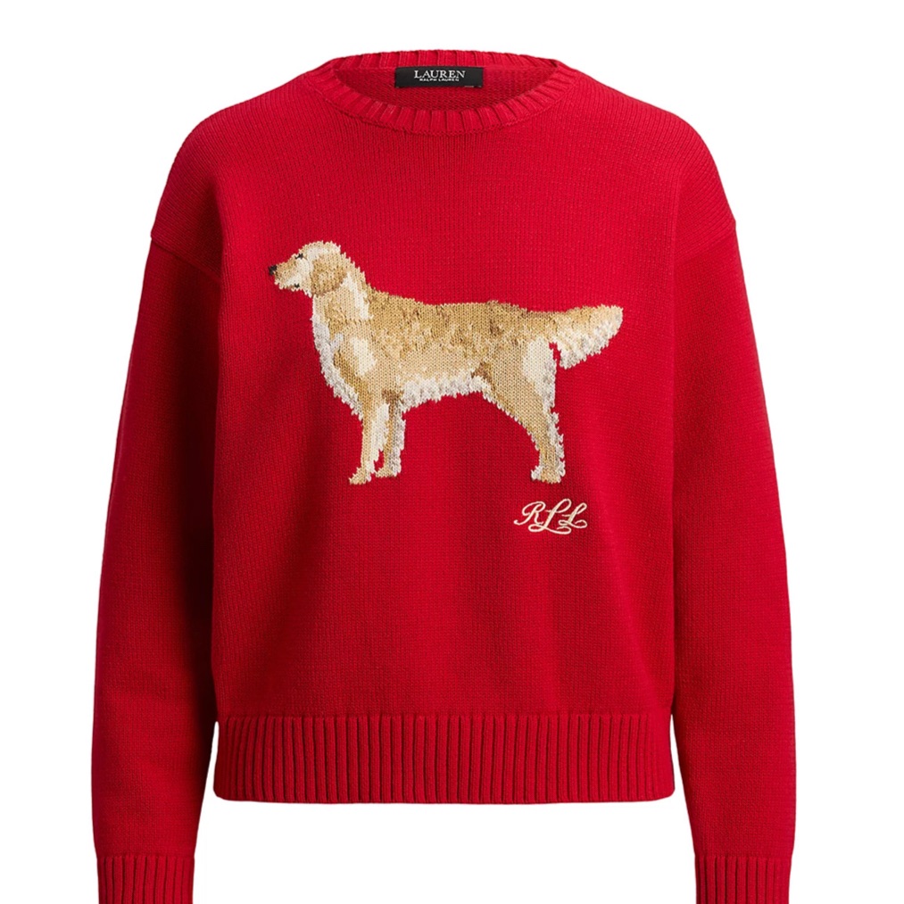 Bnwt Lauren Ralph Lauren Red Crewneck Sweater With Beige Dog Motif Women’s